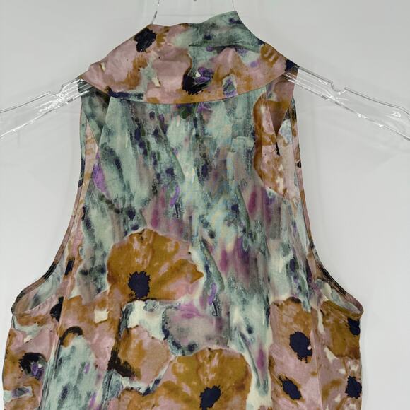 Theory blouse 100% silk watercolor floral sleeveless tie neck sash fairy small - Picture 5 of 8